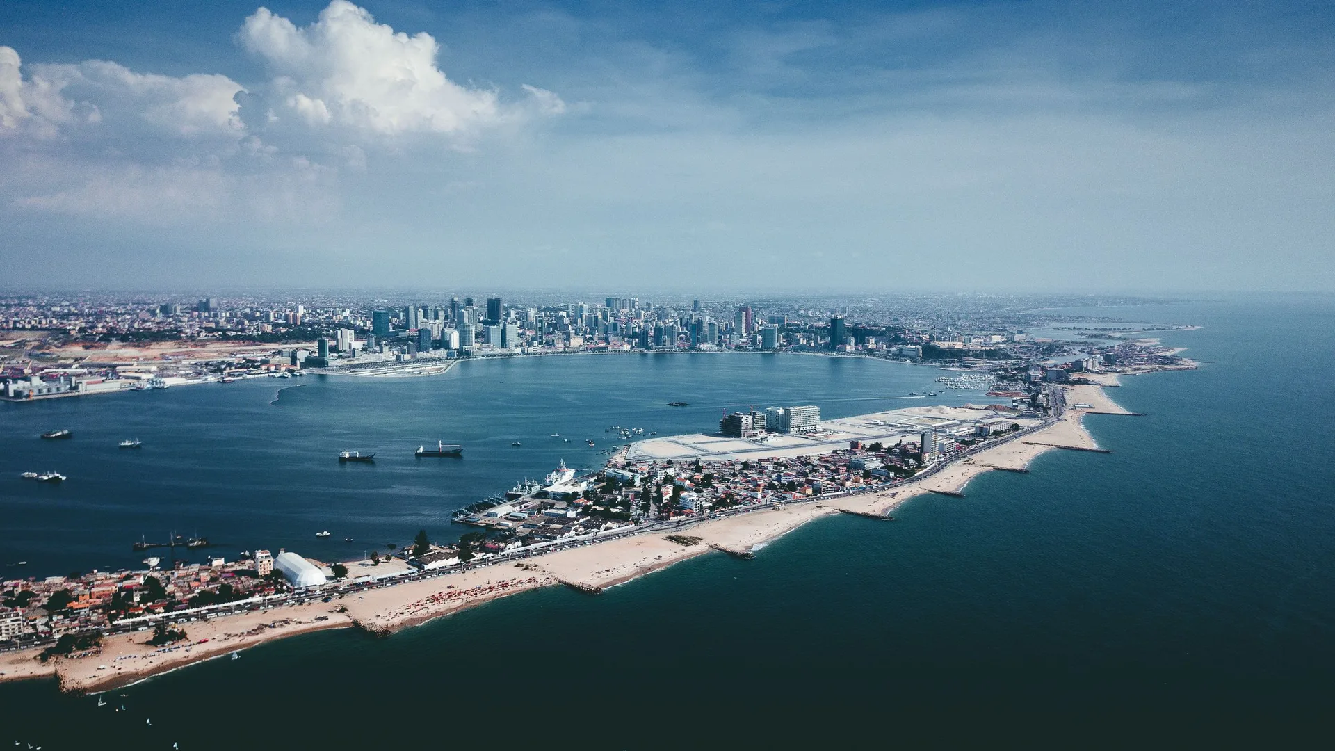 Aerial view of Luanda Bay, with the city and island along the ocean