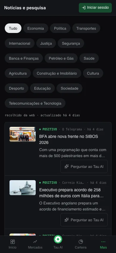 Notícias e pesquisa no TauView, com publicações sobre as empresas e a economia angolana.