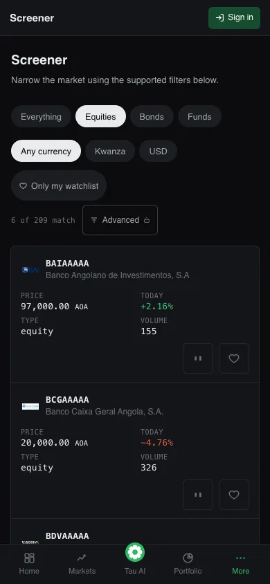 TauView screener with the shares filter and a table of BODIVA prices, changes and trading volume.