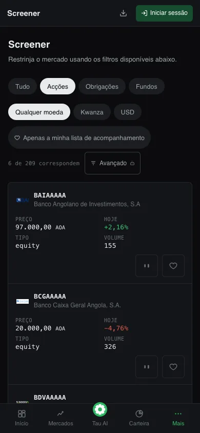 Screener do TauView com o filtro de acções e a tabela de cotações, variações e volume da BODIVA.