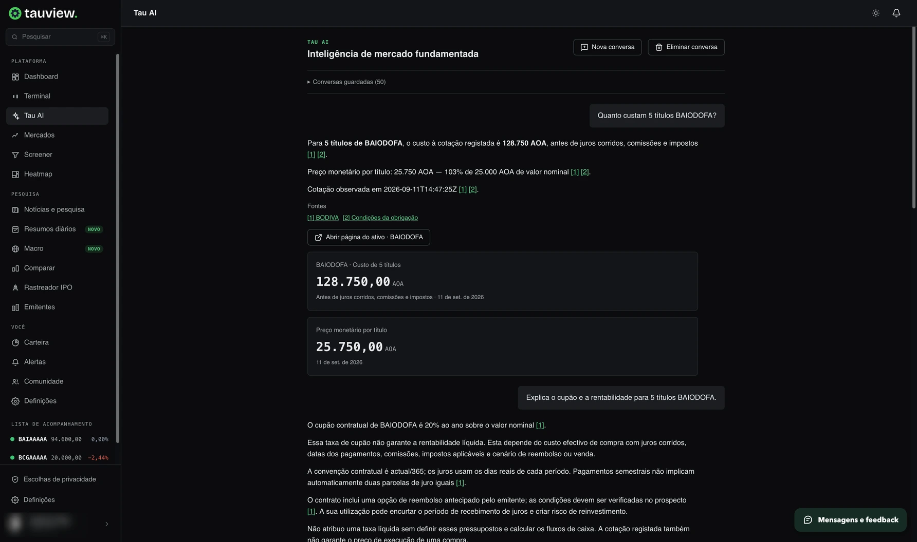 A Tau AI conversation in Portuguese, showing bond cost calculations, amount cards and links to sources.