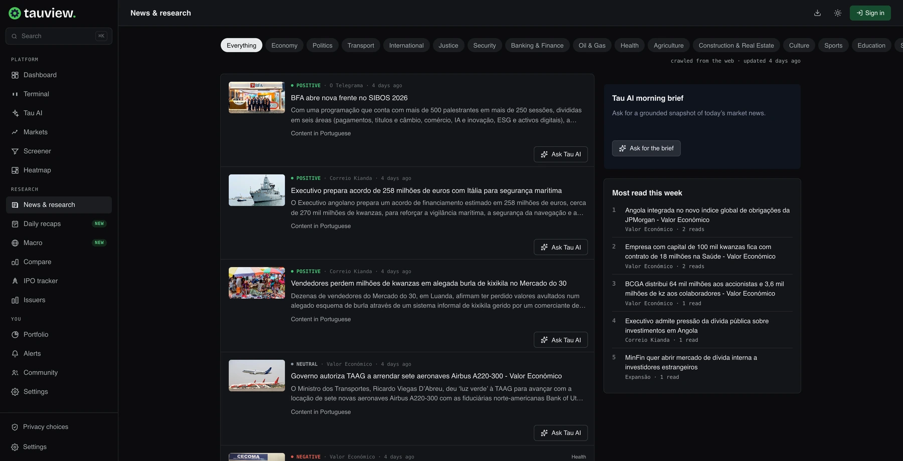 TauView news and research showing publications about Angolan companies and the economy.
