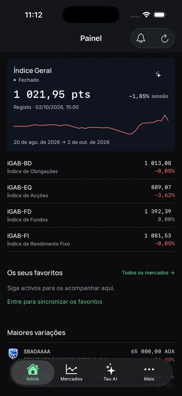TauView mobile app preview in Portuguese, showing market indices and favourites